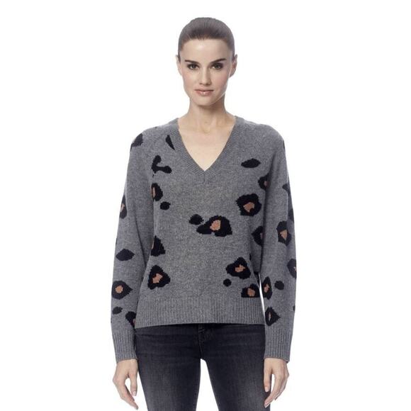 360 Cashmere Women's Janie V-Neck Sweater Mid Heather Grey Black Toffee Med $449 - Picture 1 of 8
